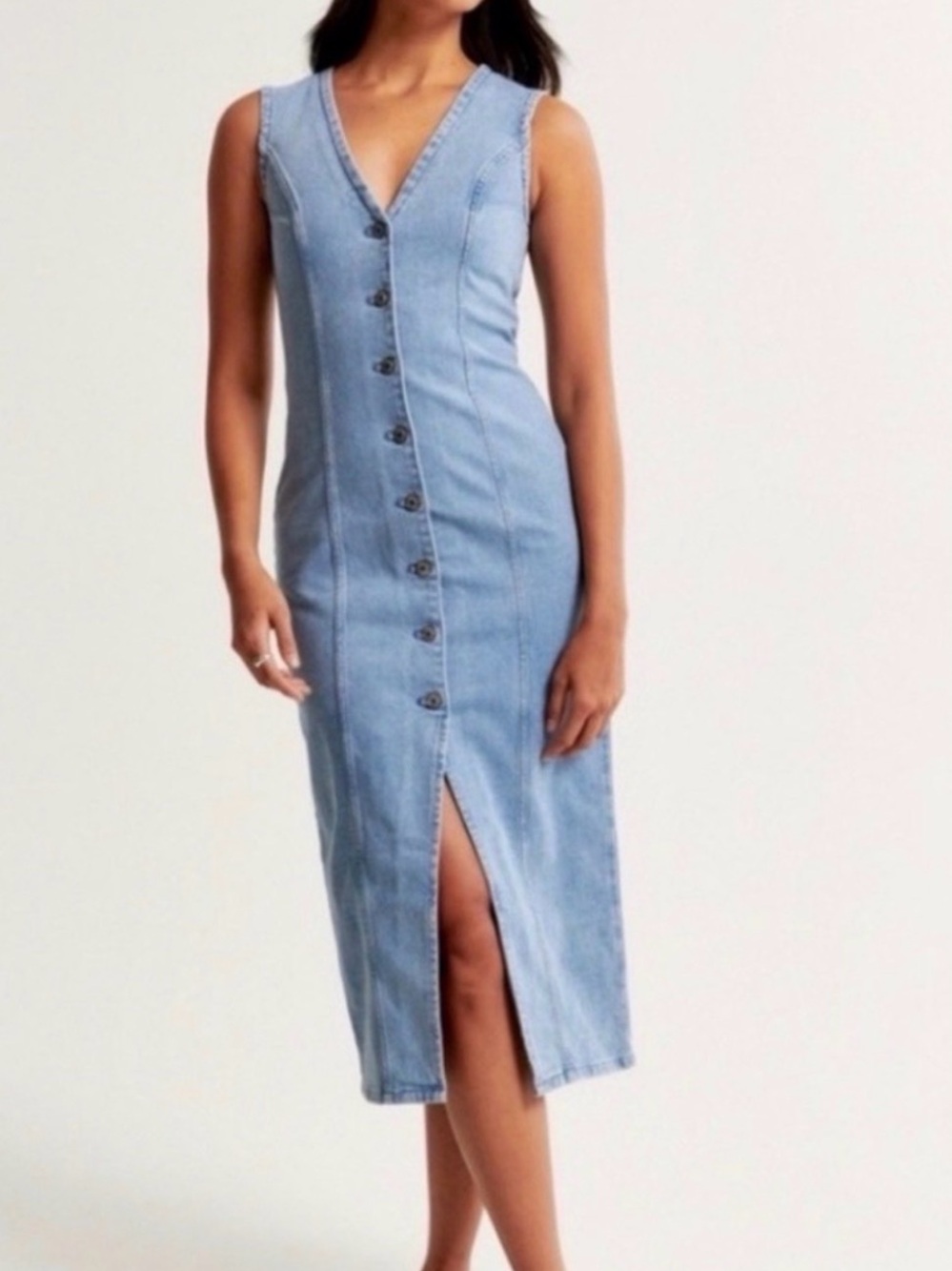 Abercrombie & Fitch Sleeveless Light Blue Denim Button-Front Midi Dress
